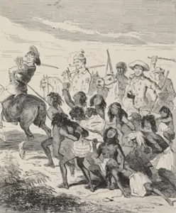 Black and white illustration of the massacre
