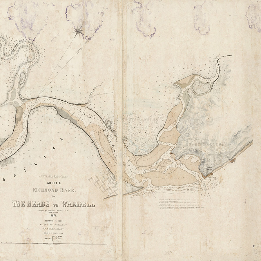 A sepia and white map showing the site of Ballina and the mouth of the Richmond River going out to sea